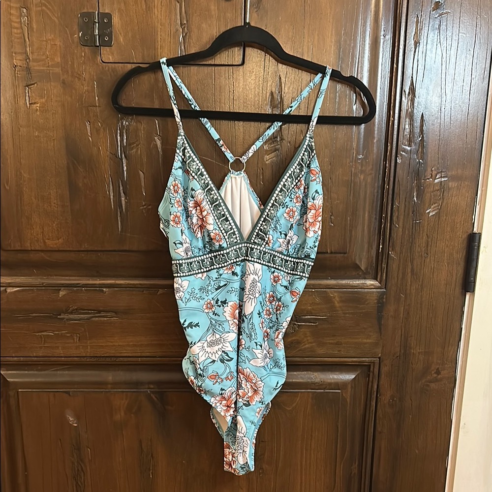 Blue and White Floral One Piece Swimsuit with Strappy Back - Picture 2 of 5